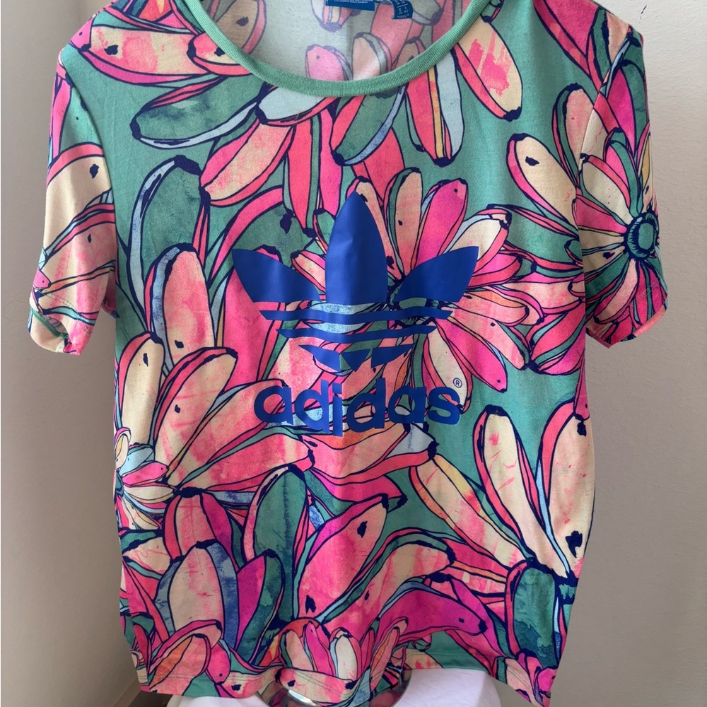 Adidas-Graphic Floral Tee-Women's-Green/Pink/Multicolor-SmallCotton Blend-Casual